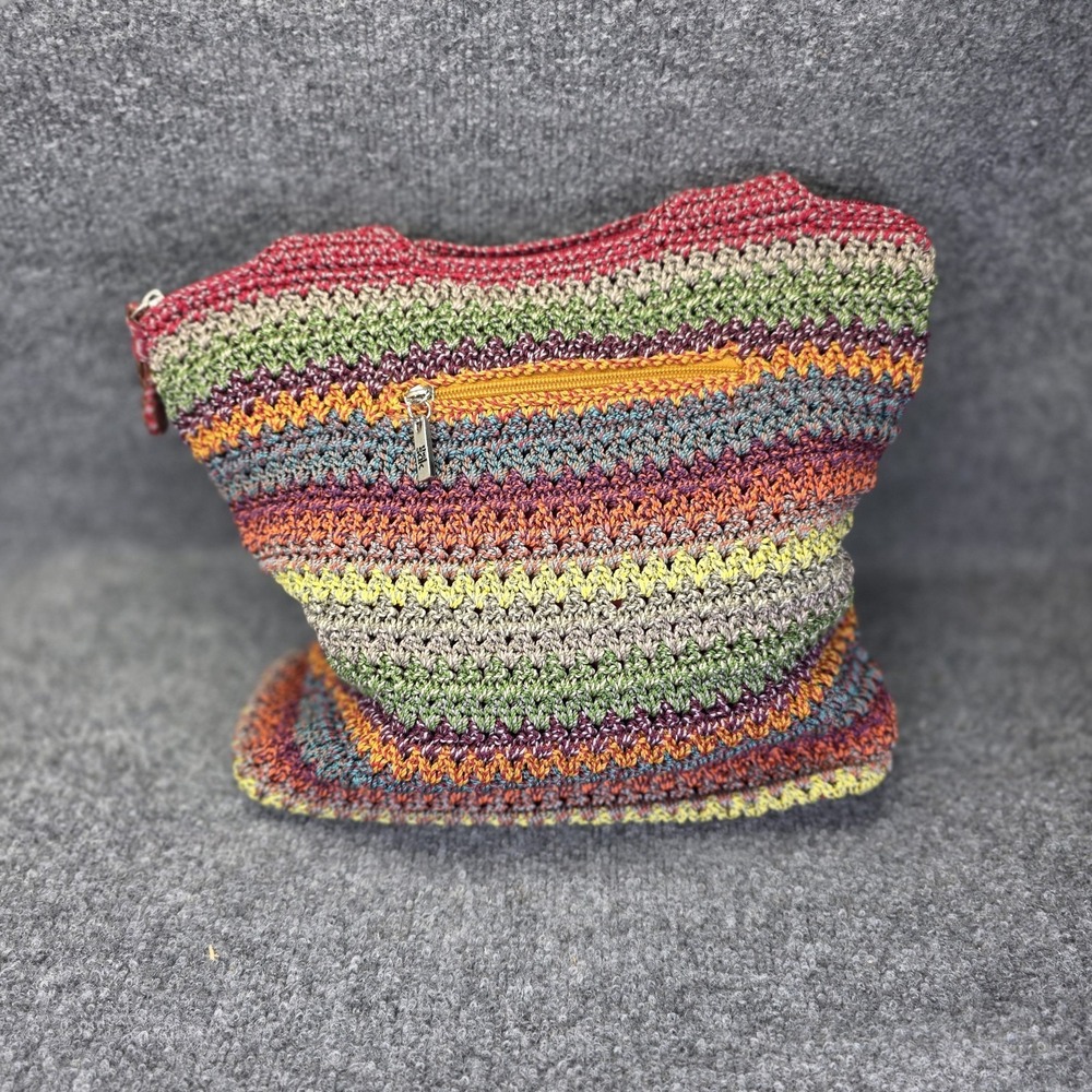 The Sak Crochet Striped Shoulder Bag Red Rainbow Multicolor Zip Top Boho Purse